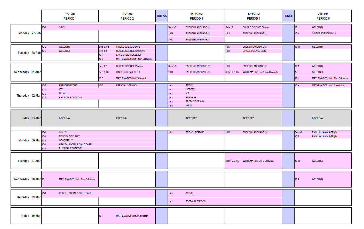 time table